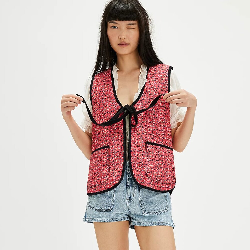 05 Free People Claudine Vest Red Rest Combo Floral Bow Tie Front Size XS